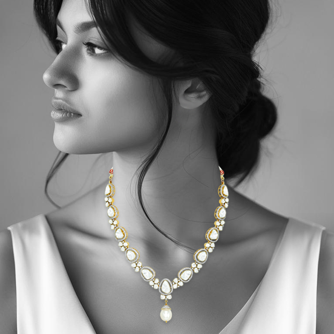 Teardrop Polki Necklace with Diamonds and Pearl Drop